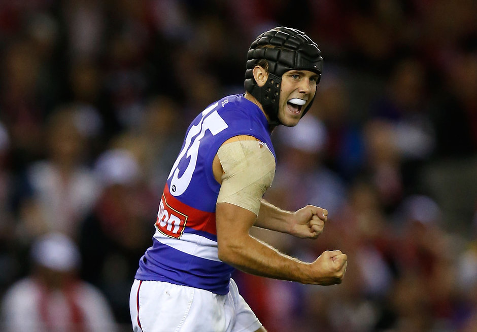 AFL 2016 Rd 02 - St Kilda v Western Bulldogs MELBOURNE, AUSTRALIA - APRIL 2: Caleb Daniel of the Bulldogs celebrates a goal during the 2016 AFL Round 02 match between the St Kilda Saints and the Western Bulldogs at Etihad Stadium, Melbourne on April 2, 2016. (Photo by Michael Willson/AFL Media)